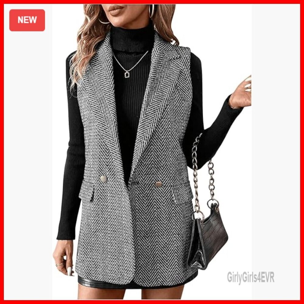Tweed Blazer Vest Sleeveless Lapel Collar Business Casual Jacket